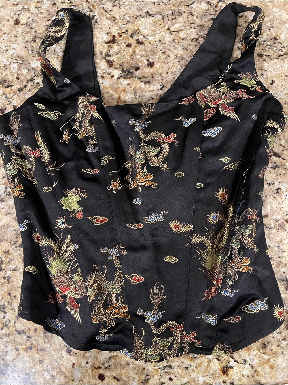 GIGI C Black Satin Dragon-Print V-Neck Cami with Multicolor Embroidery